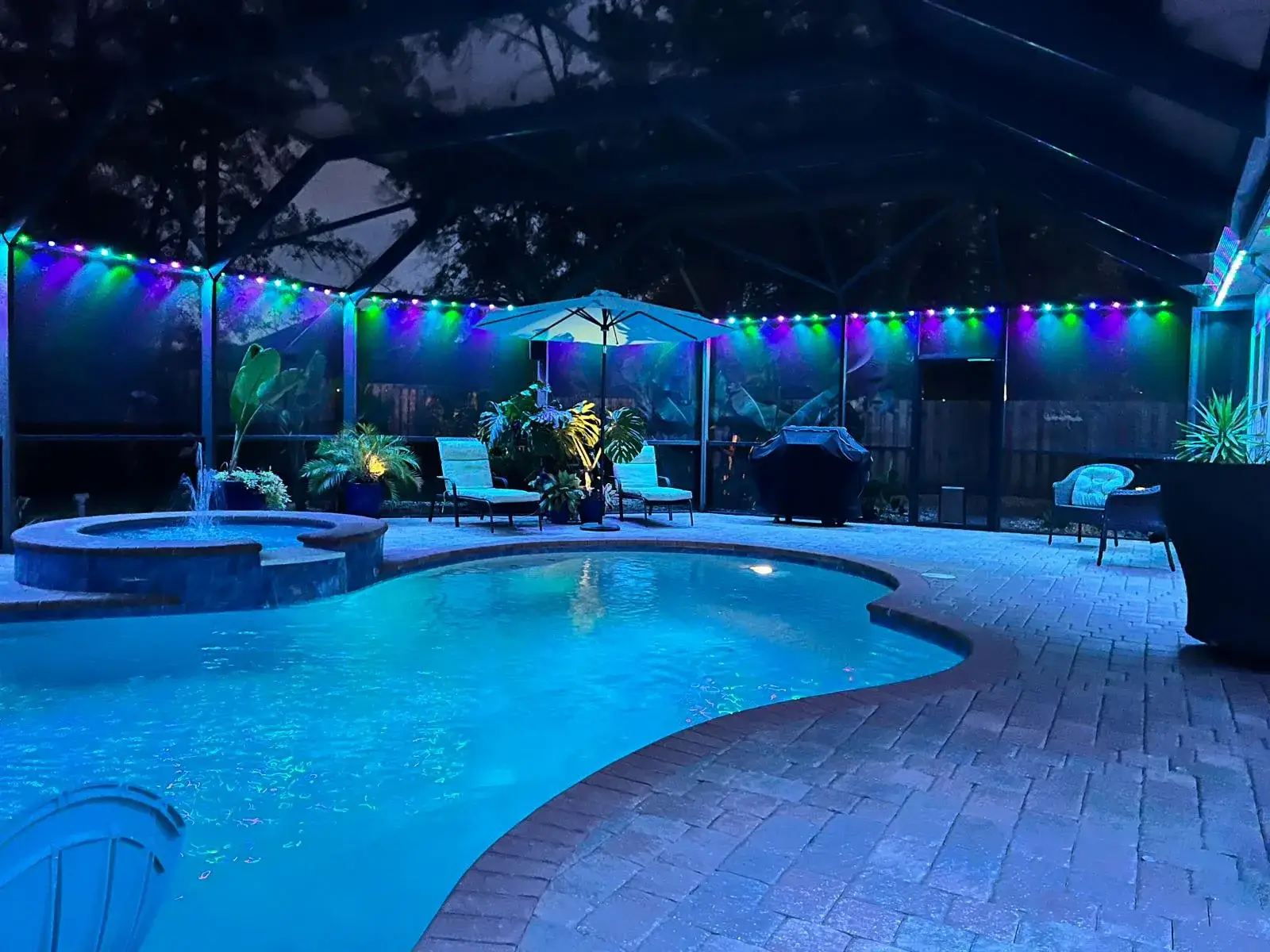 Pool cage lighting enhances the vibrant atmosphere of a lush, softly lit night pool area