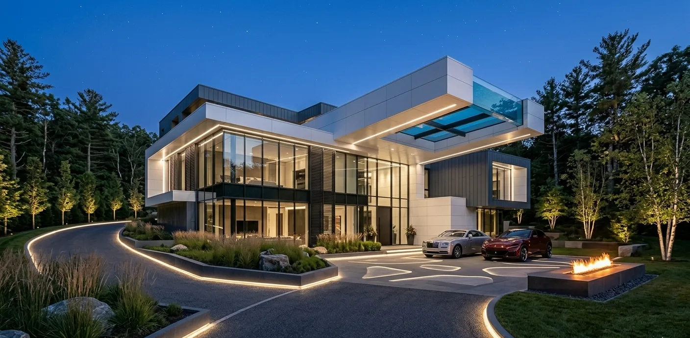 A modern house with sleek architecture is illuminated at twilight, surrounded by greenery