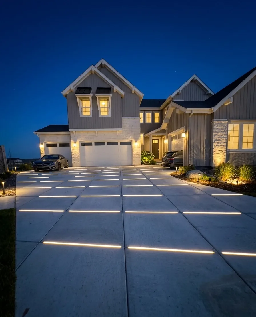 A modern house illuminated by pathway lights at dusk