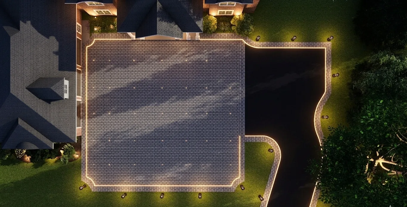 A large, illuminated outdoor space showcases a patterned surface and surrounding greenery