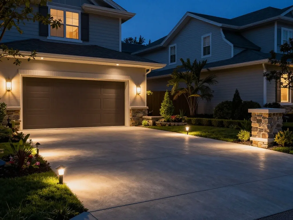Soft outdoor lights illuminate a well-maintained driveway and surrounding landscaping at dusk